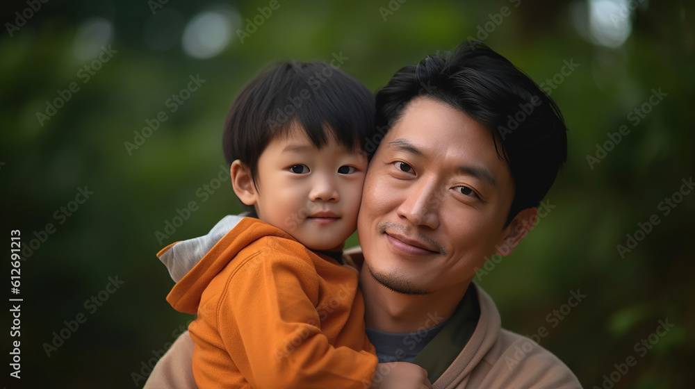Generative AI image of a heartwarming embrace, as a father and son press their cheeks together, radiant smiles reflecting the unbreakable bond and joy shared on Father's Day, a celebration of love. Generative AI image of a heartwarming embrace, as a father and son press their cheeks together, radiant smiles reflecting the unbreakable bond and joy shared on Father's Day, a celebration of love.
