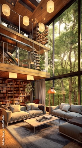 Modern Luxury Tree House Design Living Room Interior Style Background - Living Room in the Modern Luxury Tree House Apartment Design Indoor Home Decor Wallpaper created with Generative AI Technology