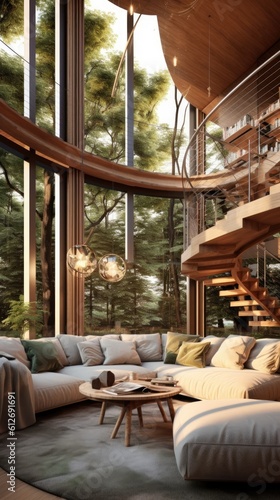 Modern Luxury Tree House Design Living Room Interior Style Background - Living Room in the Modern Luxury Tree House Apartment Design Indoor Home Decor Wallpaper created with Generative AI Technology © InteriorArchitecture