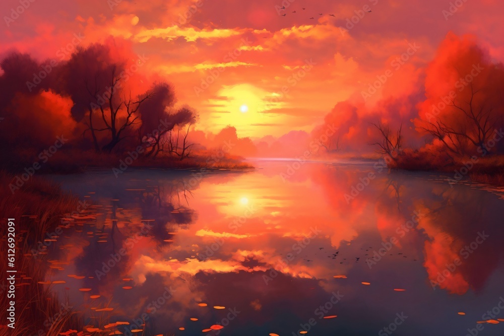 autumn landscape around a lake, setting sun in the sky created with Generative AI technology autumn landscape around a lake, setting sun in the sky created with Generative AI technology