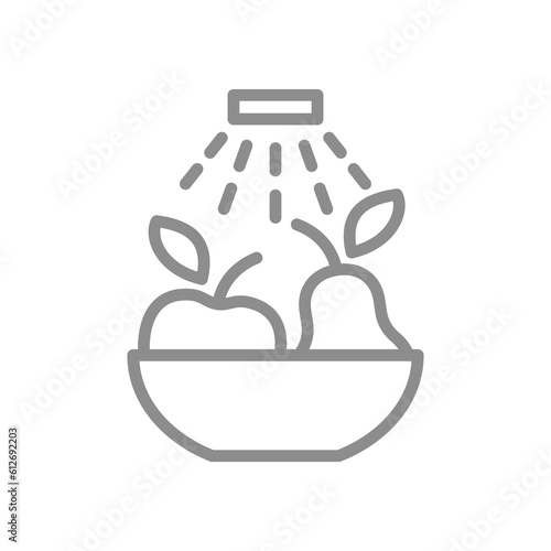 Wash well before eating vector label. Water tap and fruits washing in a bowl line icon.