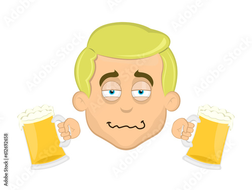 vector illustration face man cartoon blonde blue eyes, drunk with beers in his hands