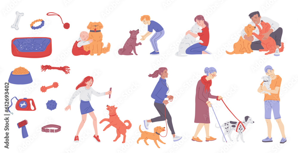 Set of characters with animals and pets care supplies, flat vector isolated. Set of characters with animals and pets care supplies, flat vector isolated.