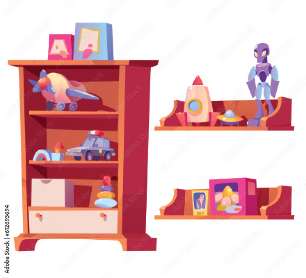 Fototapeta premium Shop shelves with baby toys and games for kids. Store interior elements with cute car, plane, robot, blocks, rocket and pyramid on wooden shelves, vector cartoon set isolated on white background