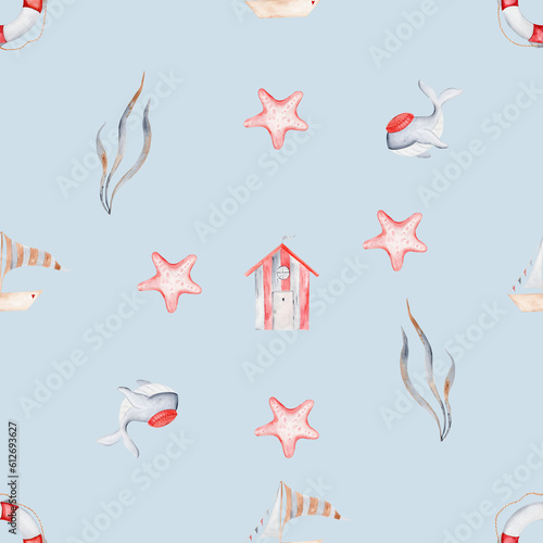 Sea adventure seamless pattern. cute pattern in nautical style for children's textiles. you will like a whale, a boat, a sea house.