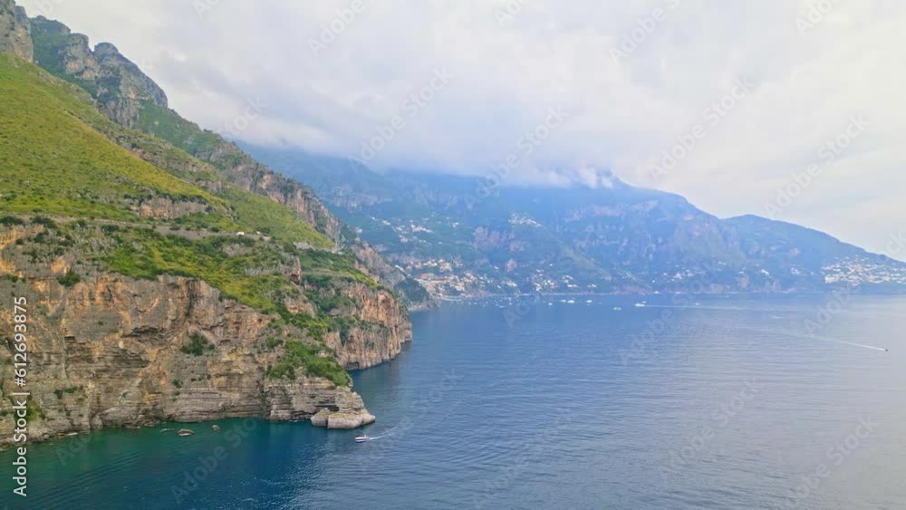 Picturesque View Of The Sea Near Rocky Cliff At Amalfi Coast During Daytime In Campania, Italy. aerial Picturesque View Of The Sea Near Rocky Cliff At Amalfi Coast During Daytime In Campania, Italy. aerial