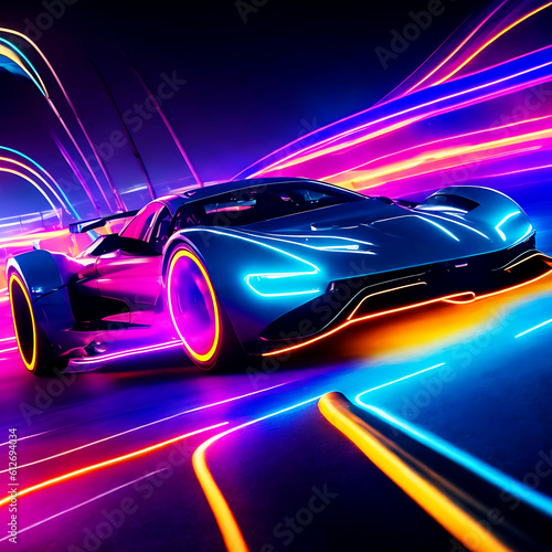 Futuristic Sports Car On Neon Highway. Powerful acceleration of a super car on a night track.Generative AI © Abdul