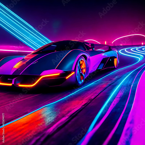 Futuristic Sports Car On Neon Highway. Powerful acceleration of a super car on a night track.Generative AI
