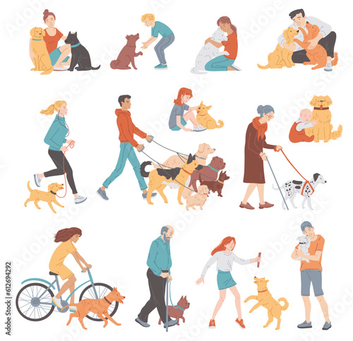Set of people walking, playing and cuddling their dogs, flat vector illustration isolated on white background.