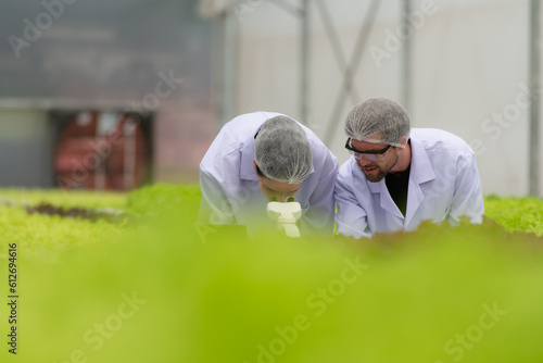 Scientists are conducting research and development on the cultivation of organic vegetables in a closed farm.