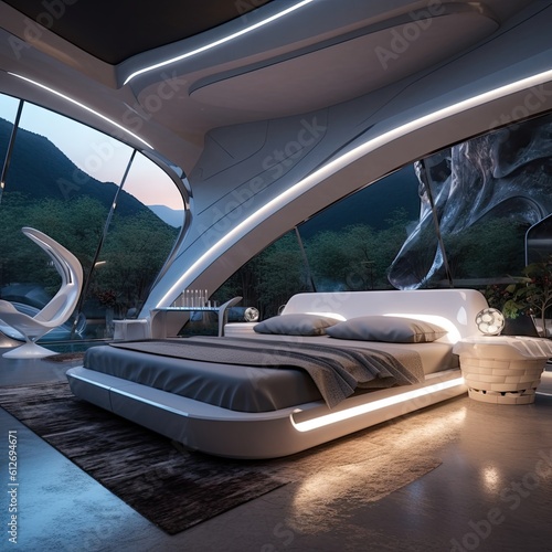 Futuristic Waterfall House Design Bedroom Interior Style Background - Bedroom in the Futuristic Waterfall House Apartment Design Indoor Home Decor Wallpaper created with Generative AI Technology © InteriorArchitecture