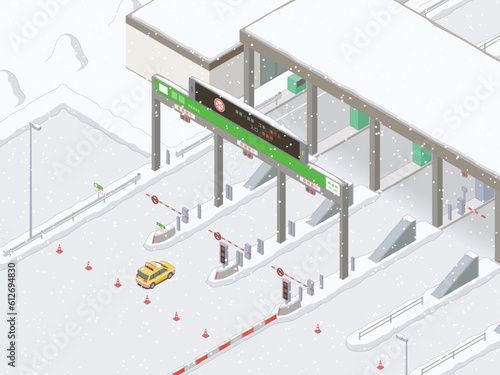 アイソメトリック図法で描いた雪により閉鎖されている高速道路の料金所入口のイメージ / Japanese expressway toll gate, closed due to snow. Isometric illustration