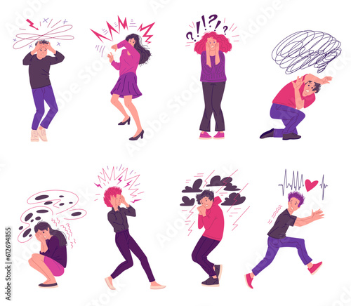 Frightened afraid people running in panic, flat vector illustration isolated.