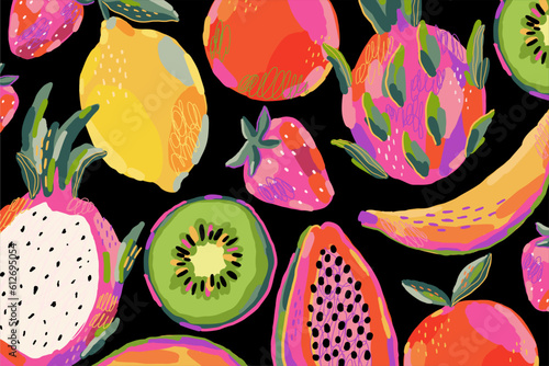 Hand drawn summer fruit in modern artist painting style. Vector illustration. 