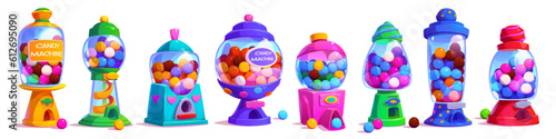 Gashapon candy vending machine toy with gum ball vector. Vintage isolated bubblegum plastic dispenser for random chewing sweet food. Different cartoon full robot of chew bubble with label ui asset