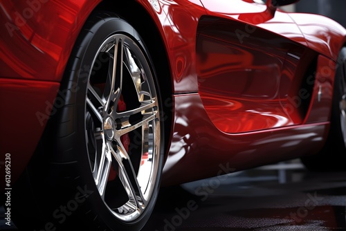 A glossy red sports car with chrome detailing is showcased in a tight shot.