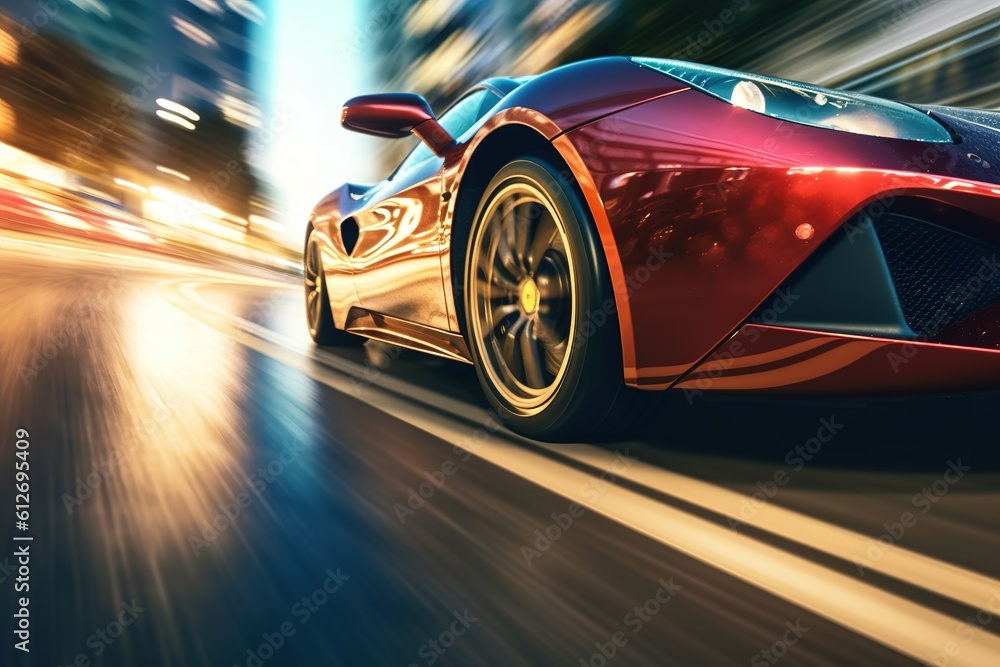 Low angle view of luxury sports car in motion. Generative AI, Generative AI