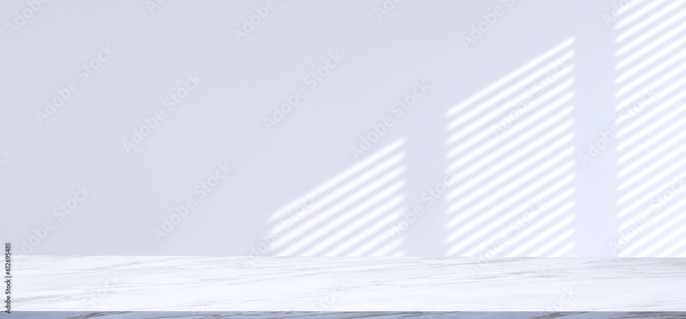 Obraz premium Panoramic view of empty White Marble Counter with light and venetian blinds shadow on white wall background, suitable for product Display Presentation