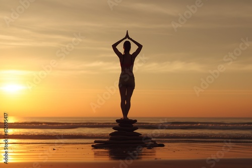 Silhouette of woman doing yoga by sunrise at the beach. Generative AI, Generative AI