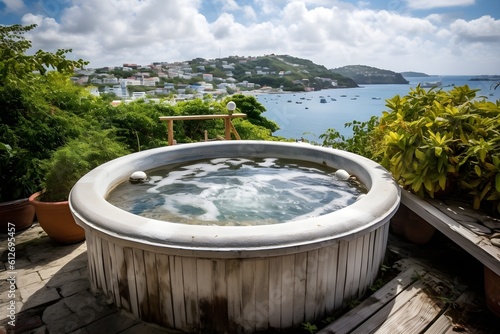 A luxurious outdoor jacuzzi situated on the picturesque Caribbean island of Grenada. © Szalai