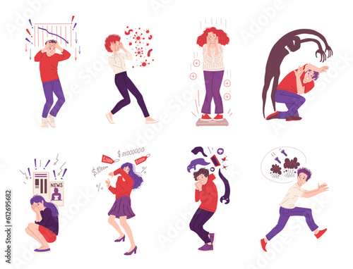 People have panic attacks or phobia fears, flat vector illustration isolated.