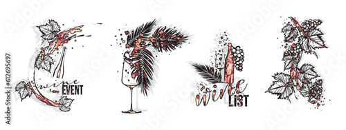 Wine designs - Collection of wine glasses and bottles - Hand drawn elements for invitation cards, advertising banners and menus. Wine glasses with splashing wine. Sketch vector illustration.