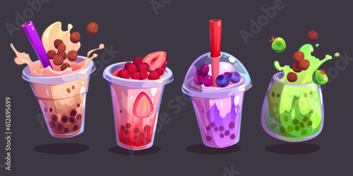 Tea bubble beverage with milk and tapioca vector. Summer boba coffee ice drink in cup with fruit and splash illustration. Isolated delicious milkshake and smoothie dessert clipart for cafe menu.