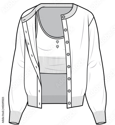 womens long sleeve crew neck cardigan flat sketch vector illustration technical cad drawing template