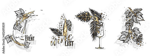 Wine designs - Collection of wine glasses and bottles - Hand drawn elements for invitation cards, advertising banners and menus. Wine glasses with splashing wine. Sketch vector illustration.