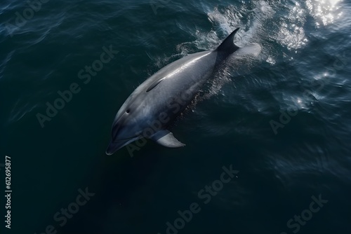 An aerial photograph of a solitary Bottlenose dolphin swimming in a blue ocean.