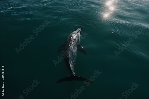 An aerial view of a solitary Bottlenose dolphin swimming in the blue sea.