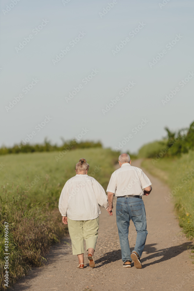 elderly couple walking in nature , people behind