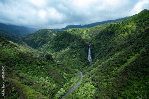 View From Above of Green Mountain Valley and Waterfall in Kauai Hawaii
