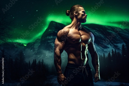 muscular man standing sexy in front of a snowy mountain, northern lights in the sky created with Generative AI technology