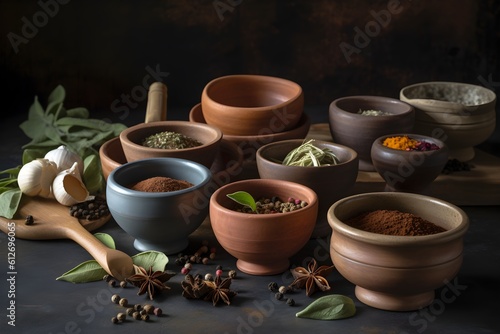 A variety of spices and herbs arranged in small jars.