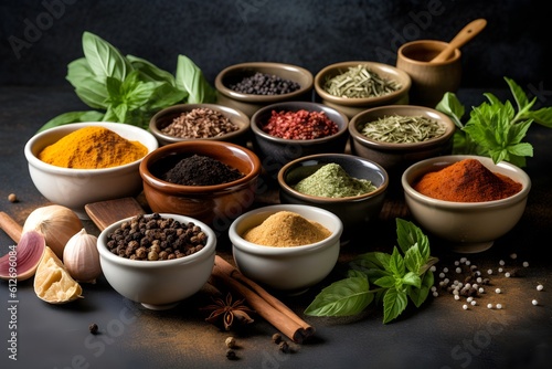 A diverse assortment of spices and herbs arranged in tiny containers.
