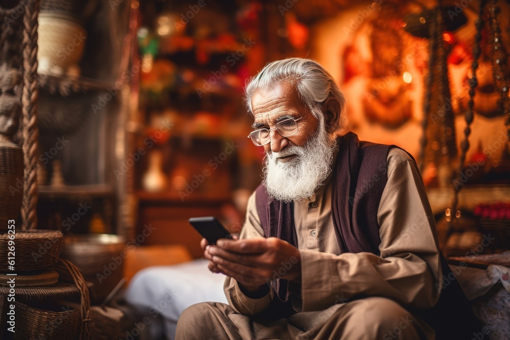 Elderly Indian man using smartphone. Generative AI, Generative AI
