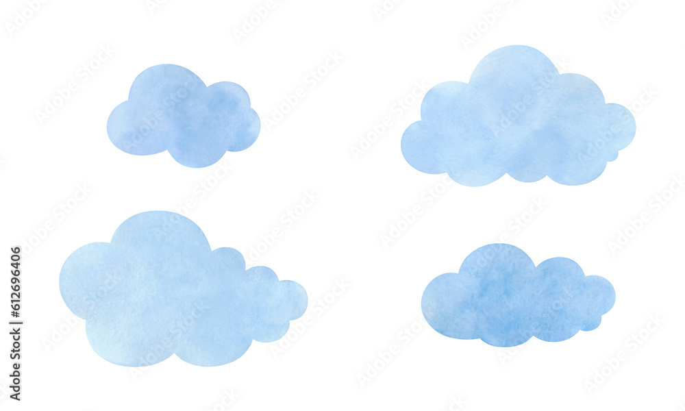 A set of watercolor, delicate, light, light blue clouds isolated on a white background. Drawn by hand. Element for design, decoration, holiday, postcard.