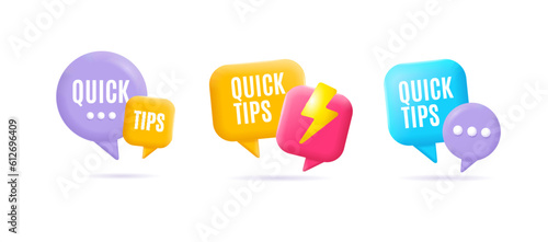 3d Quick Tips Banners Labels Set Solution Concept Cartoon Style with Different Speech Bubbles. Vector illustration
