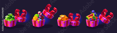 Open gift box with bonus money coin prize vector. Casino reward for lucky giveaway winner cartoon ui design. Mystery online promotion jackpot with trophy pack. Loot asset for lottery award or sale