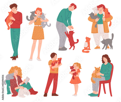 Set of diverse people hugging and cuddling cats, cartoon flat vector illustration isolated on white background.