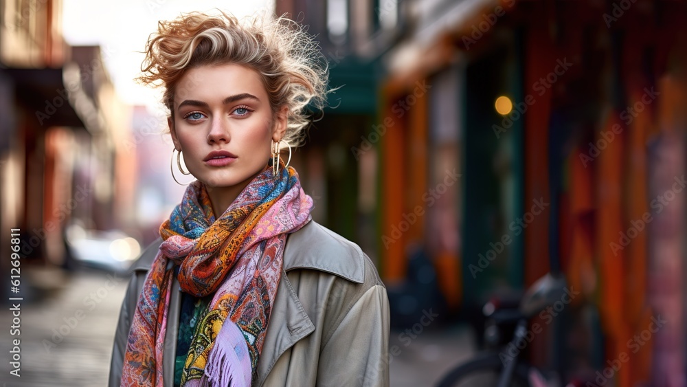Blond young woman casual street portrait with copy space.Generative AI, Generative AI