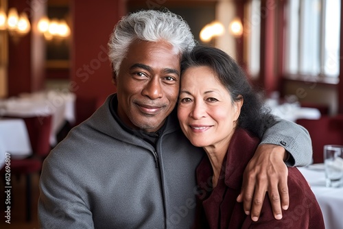 Mature interracial couple portrait at restaurant. Generative AI, Generative AI
