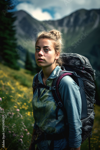 Caucasian young woman hiking alone in the mountain. Generative AI, Generative AI
