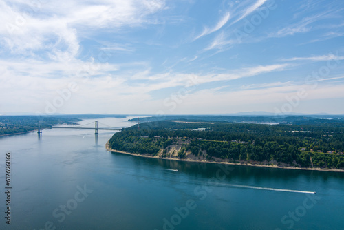 Aerial view of Point Defiance and the Tacoma Narrows