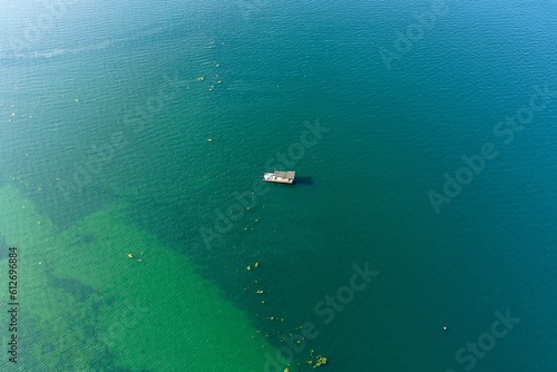 Aerial view of a boat "shack" on the Puget Sound