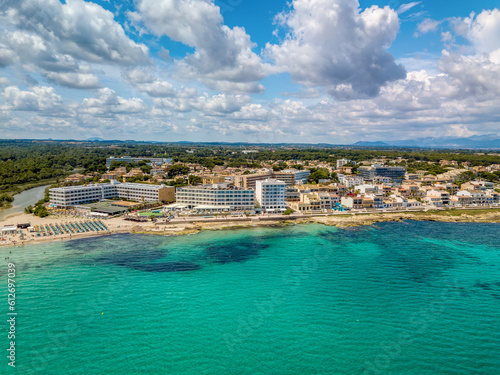 Cityscape and beach drone landscape panorama Can Picafort, Balearic Islands Mallorca Spain. Vacation concept.