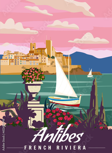 Antibes French Riviera Retro Poster. Tropical coast scenic view, palm, Mediterranean marine, sea town, sailboat.