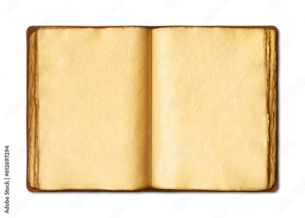 Naklejka premium Old open medieval book with worn parchment pages. Isolated on white background