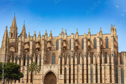 Gothic medieval cathedral La Seu and Royal Palace of La Almudaina. Capital city Palma de Mallorca. Balearic Islands Spain. Travel agency vacation concept. © ArtushFoto